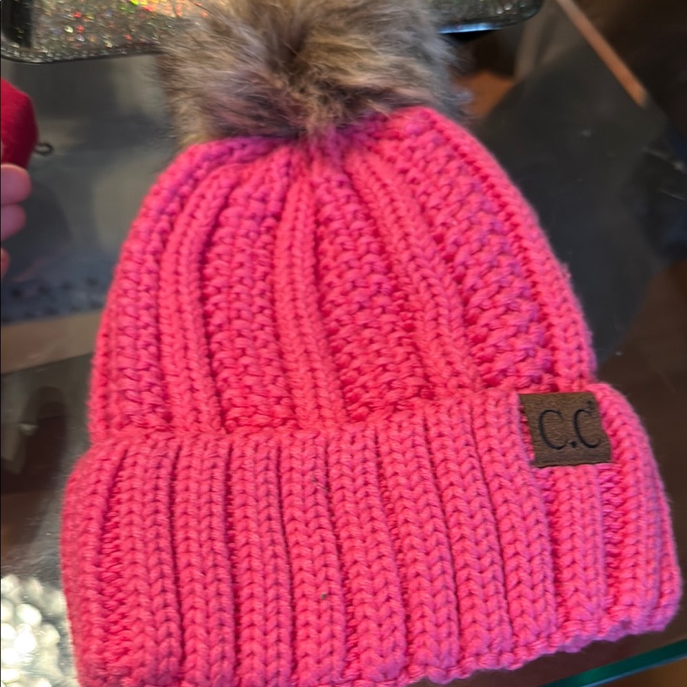 C.C Pink and Brown Knit Hat with Faux Fur Pom
